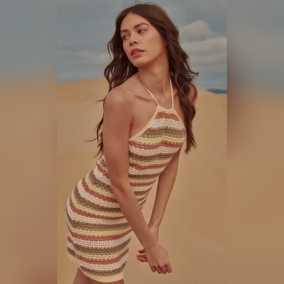 Promesa Dresses & Skirts - Promesa Crochet Multi Color Striped Halter Mini Dress Women's Large